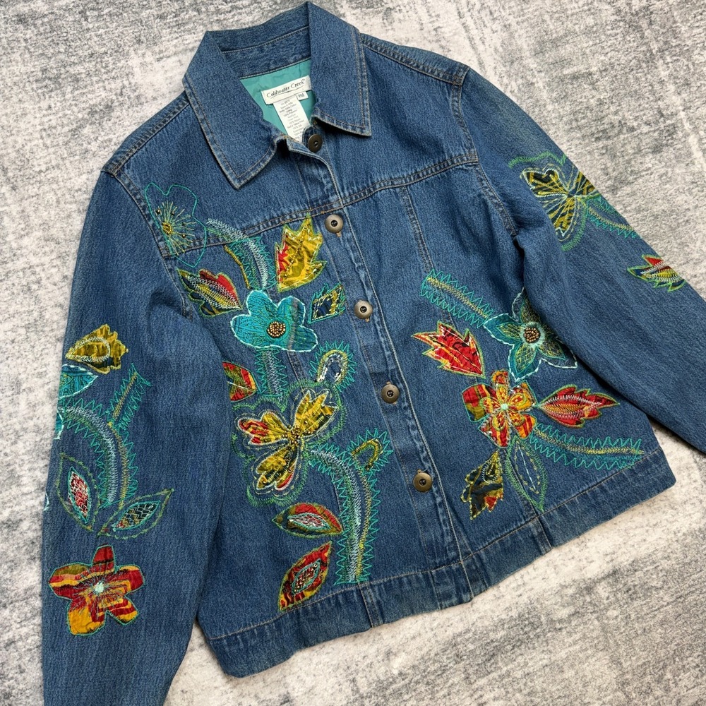Coldwater Creek Denim Jacket Womens Medium Petite Embroidered Floral Art to Wear